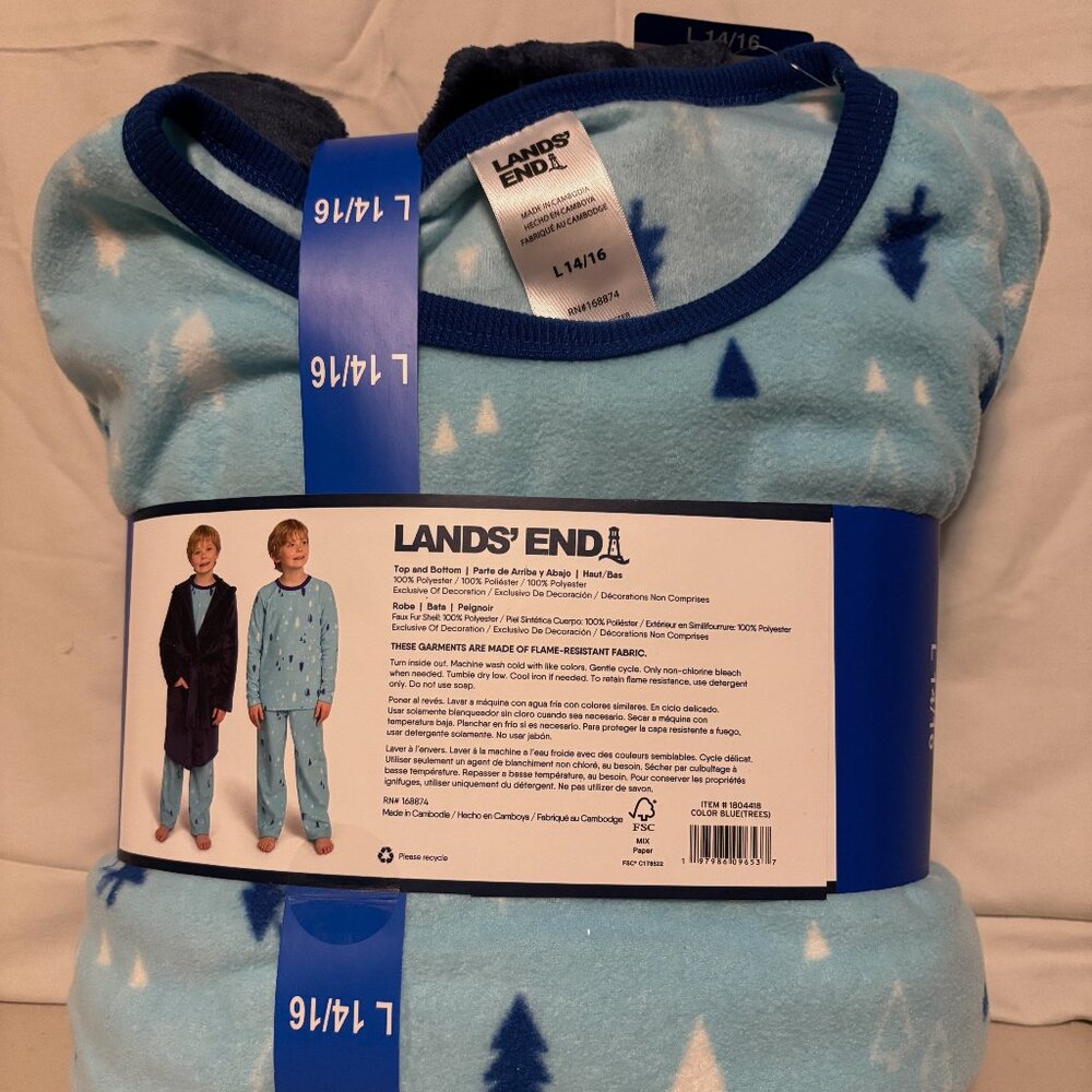 Lands' End Youth 3 piece Sleep, Matching Robe & Fleece PJs, L 14/16 - like new - Picture 2 of 3
